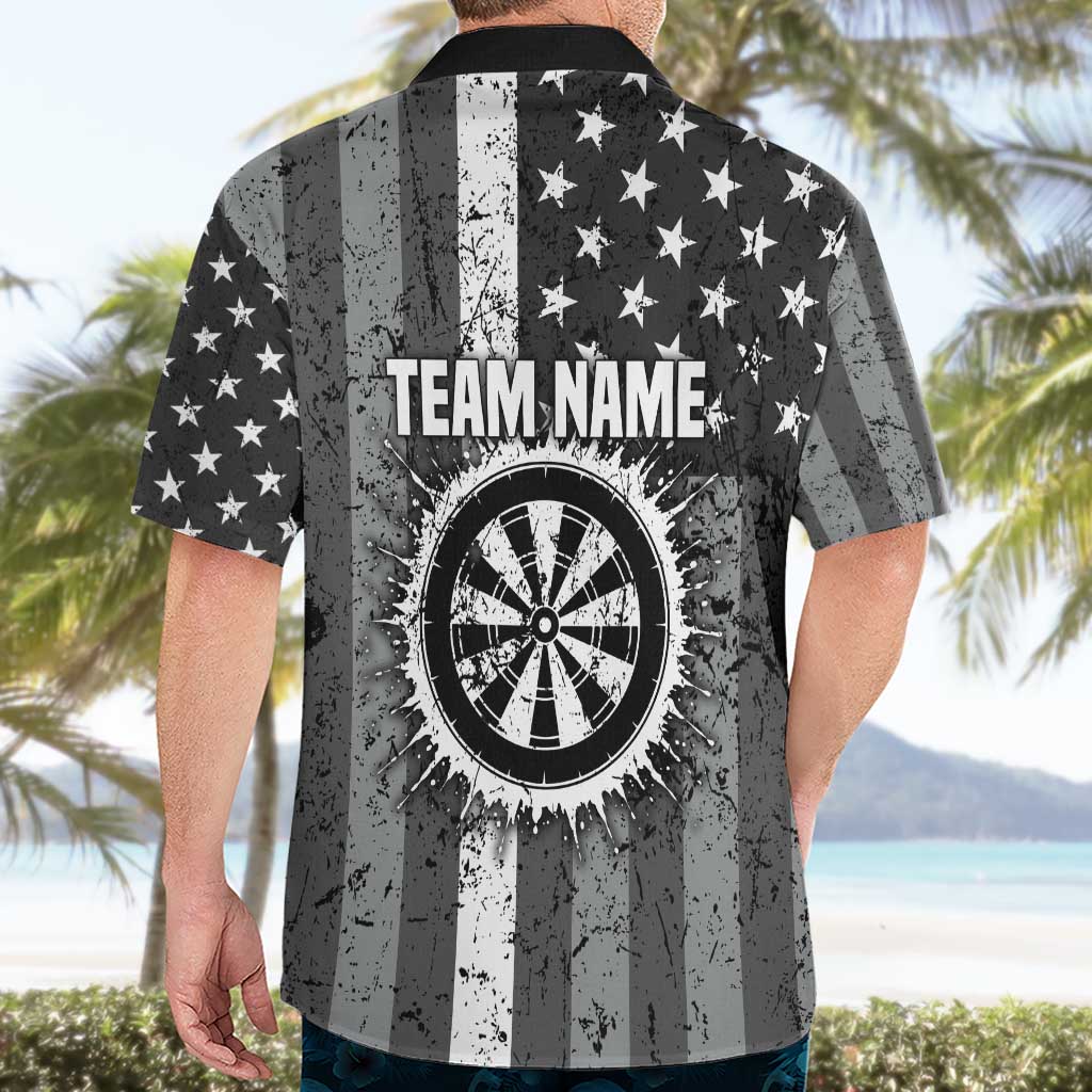 Grunge American Flag Darts Hawaiian Shirt with Dartboard Target and Black White Stars - Wonder Print Shop