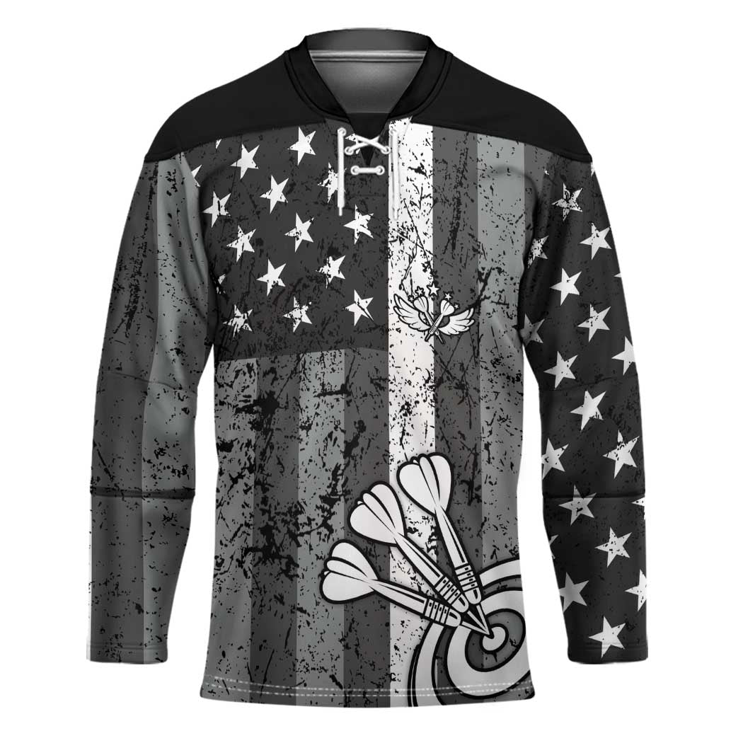 Grunge American Flag Darts Hockey Jersey with Dartboard Target and Black White Stars - Wonder Print Shop