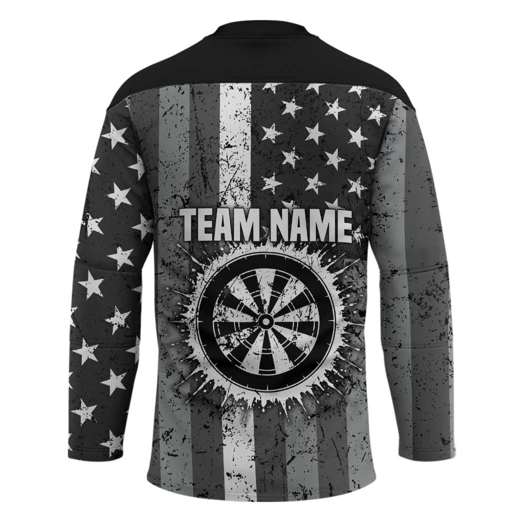 Grunge American Flag Darts Hockey Jersey with Dartboard Target and Black White Stars - Wonder Print Shop