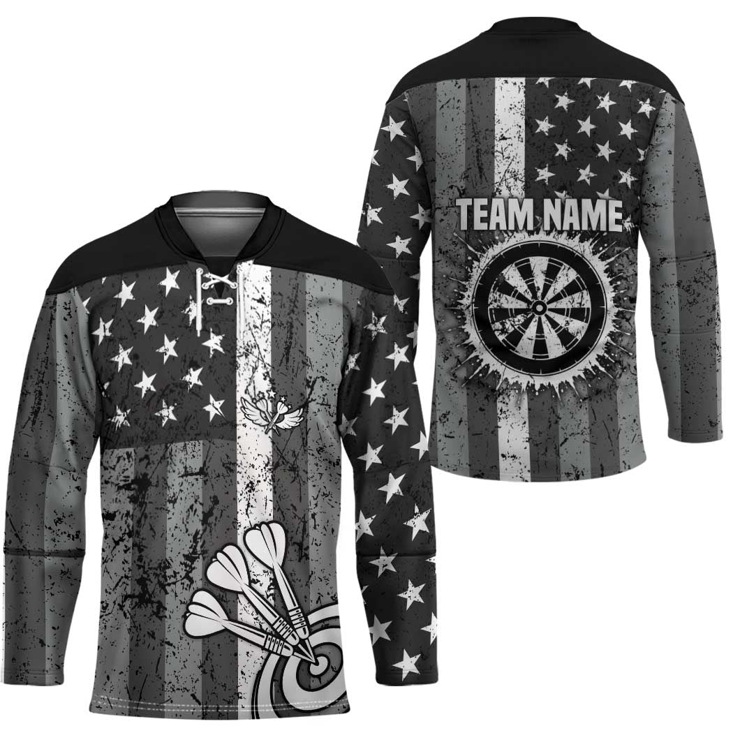 Grunge American Flag Darts Hockey Jersey with Dartboard Target and Black White Stars - Wonder Print Shop
