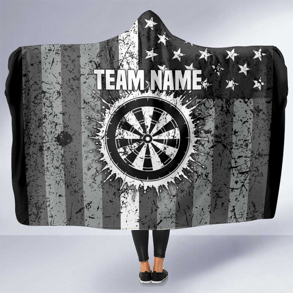 Grunge American Flag Darts Hooded Blanket with Dartboard Target and Black White Stars - Wonder Print Shop