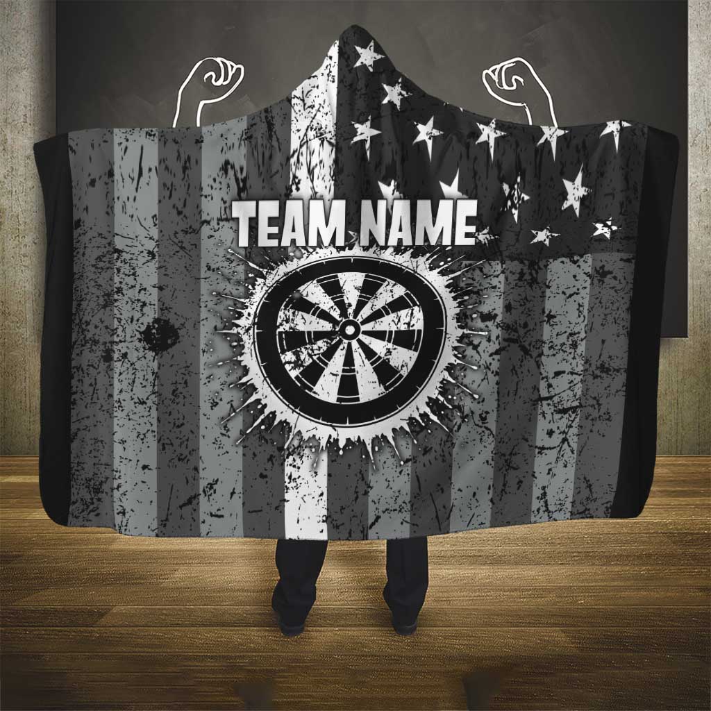 Grunge American Flag Darts Hooded Blanket with Dartboard Target and Black White Stars - Wonder Print Shop
