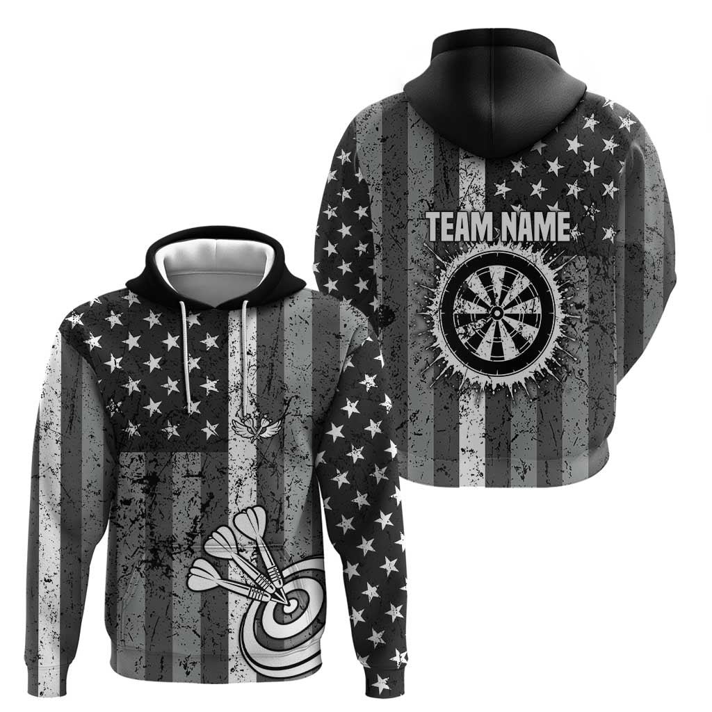 Grunge American Flag Darts Hoodie with Dartboard Target and Black White Stars - Wonder Print Shop