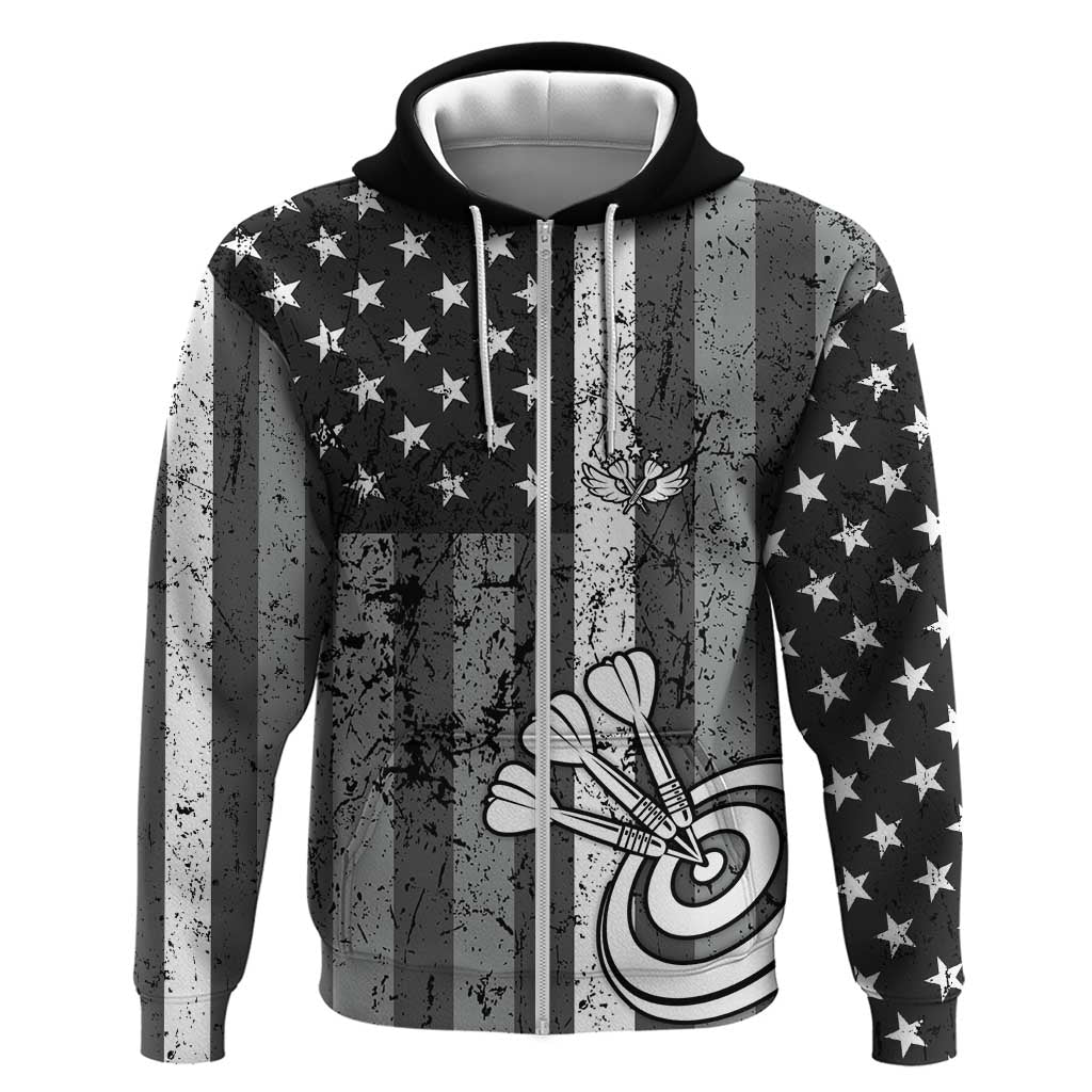 Grunge American Flag Darts Hoodie with Dartboard Target and Black White Stars - Wonder Print Shop