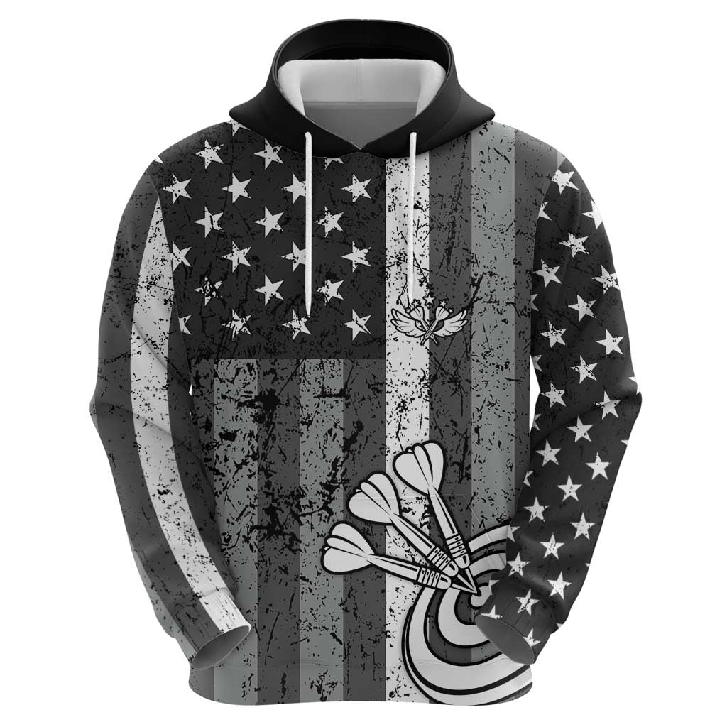 Grunge American Flag Darts Hoodie with Dartboard Target and Black White Stars - Wonder Print Shop