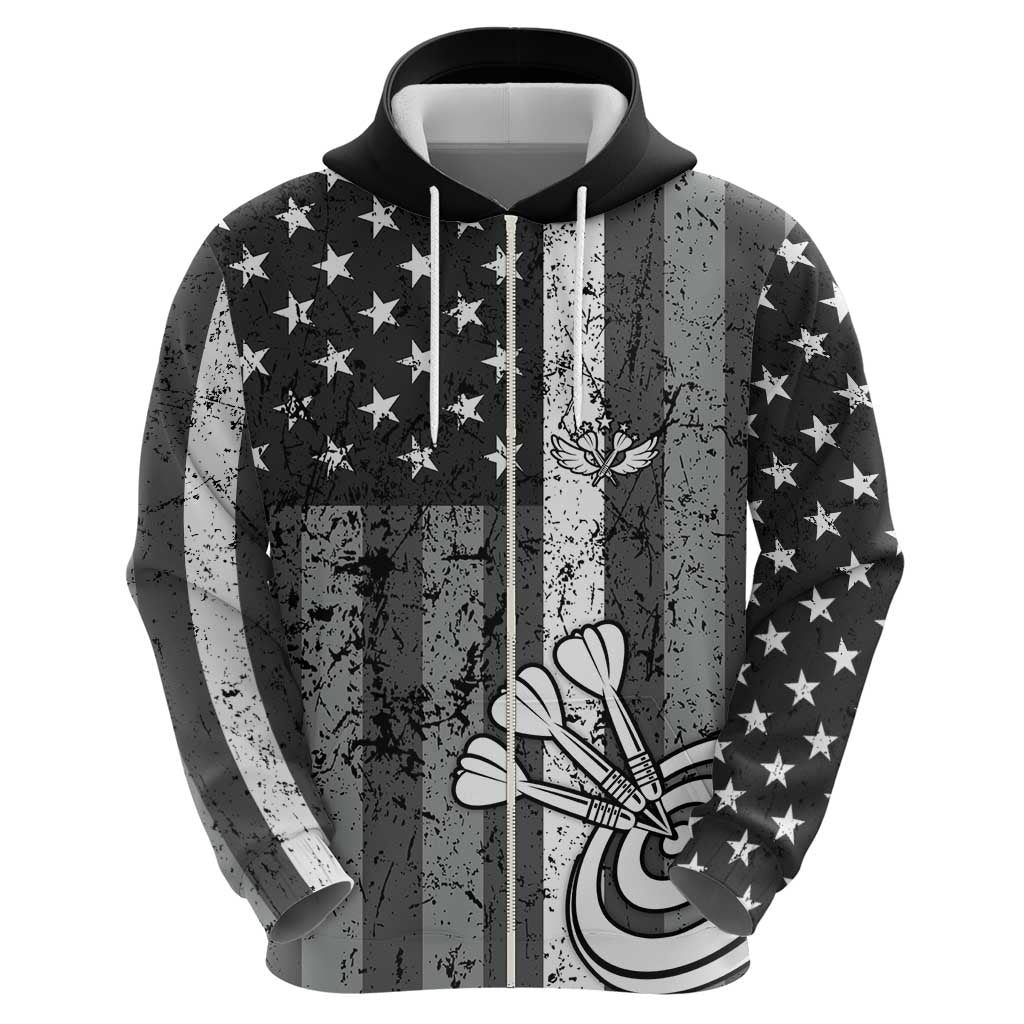 Grunge American Flag Darts Hoodie with Dartboard Target and Black White Stars - Wonder Print Shop