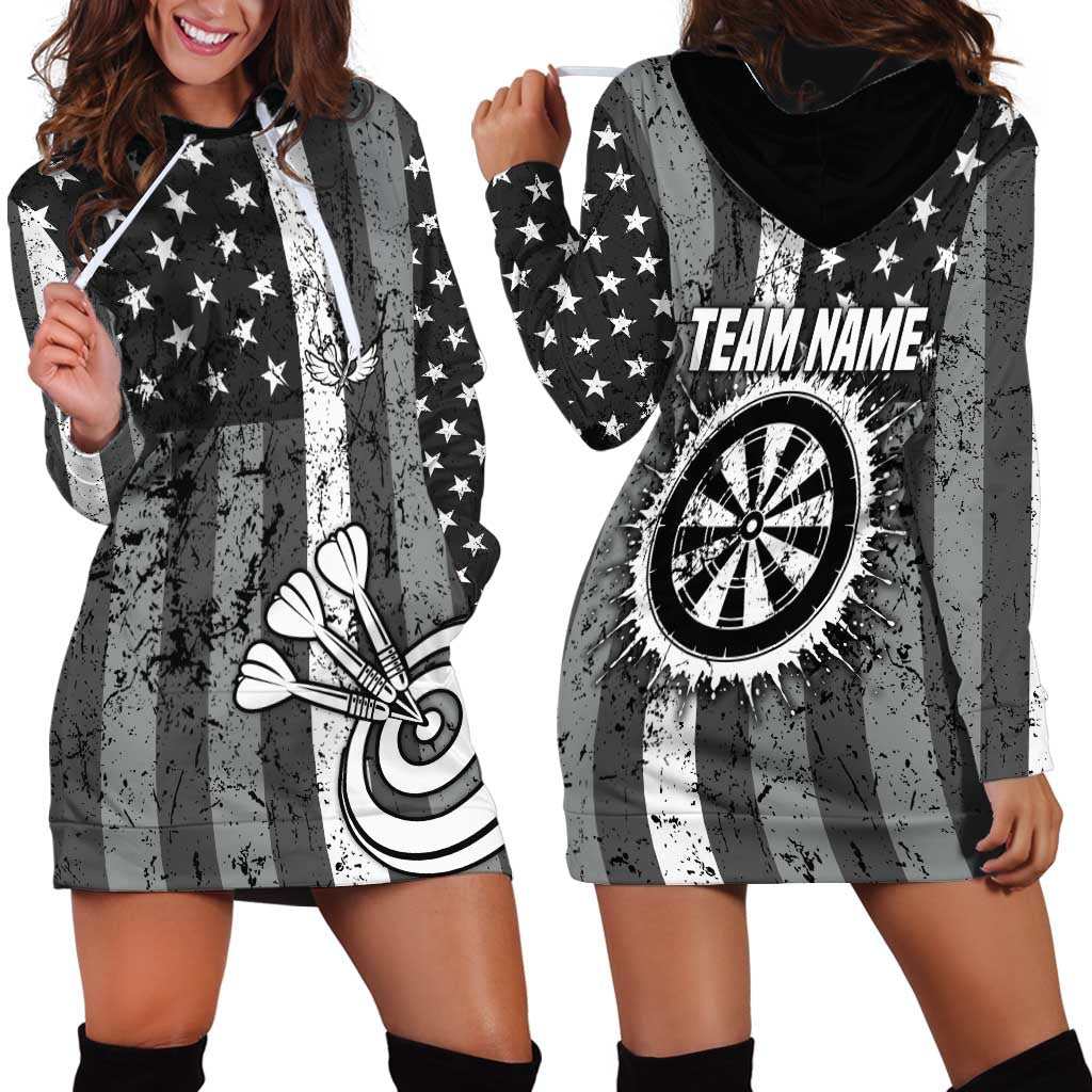 Grunge American Flag Darts Hoodie Dress with Dartboard Target and Black White Stars - Wonder Print Shop
