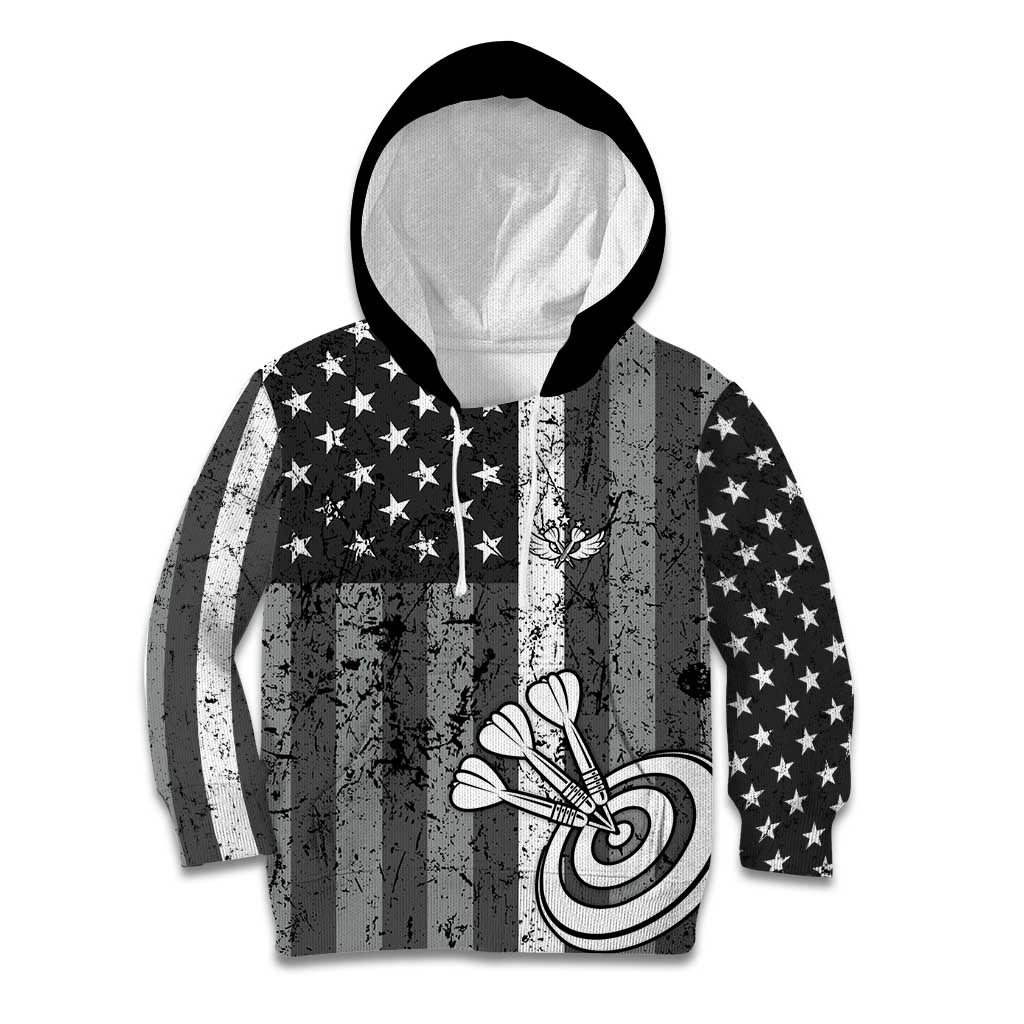 Grunge American Flag Darts Kid Hoodie with Dartboard Target and Black White Stars - Wonder Print Shop