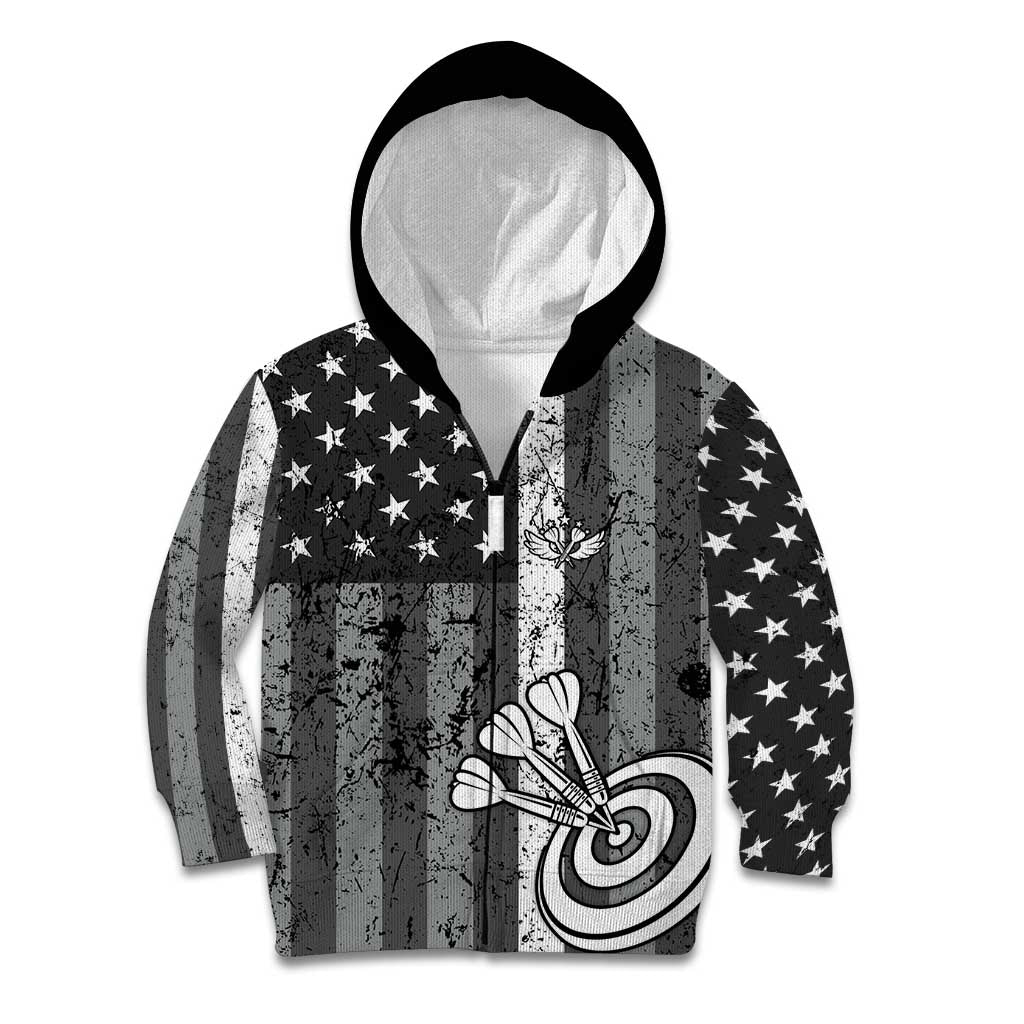 Grunge American Flag Darts Kid Hoodie with Dartboard Target and Black White Stars - Wonder Print Shop