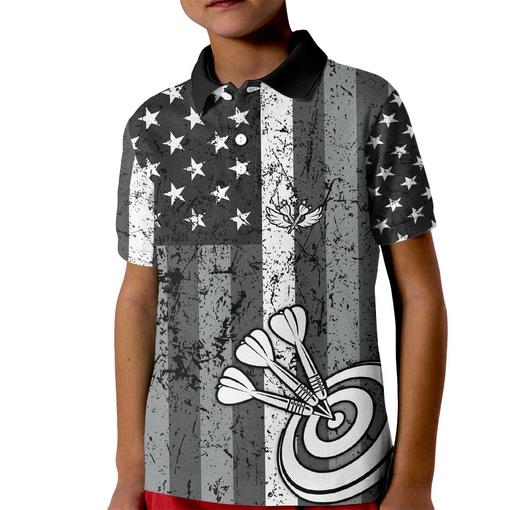 Grunge American Flag Darts Kid Polo Shirt with Dartboard Target and Black White Stars - Wonder Print Shop