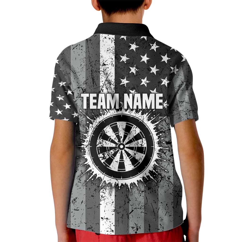 Grunge American Flag Darts Kid Polo Shirt with Dartboard Target and Black White Stars - Wonder Print Shop