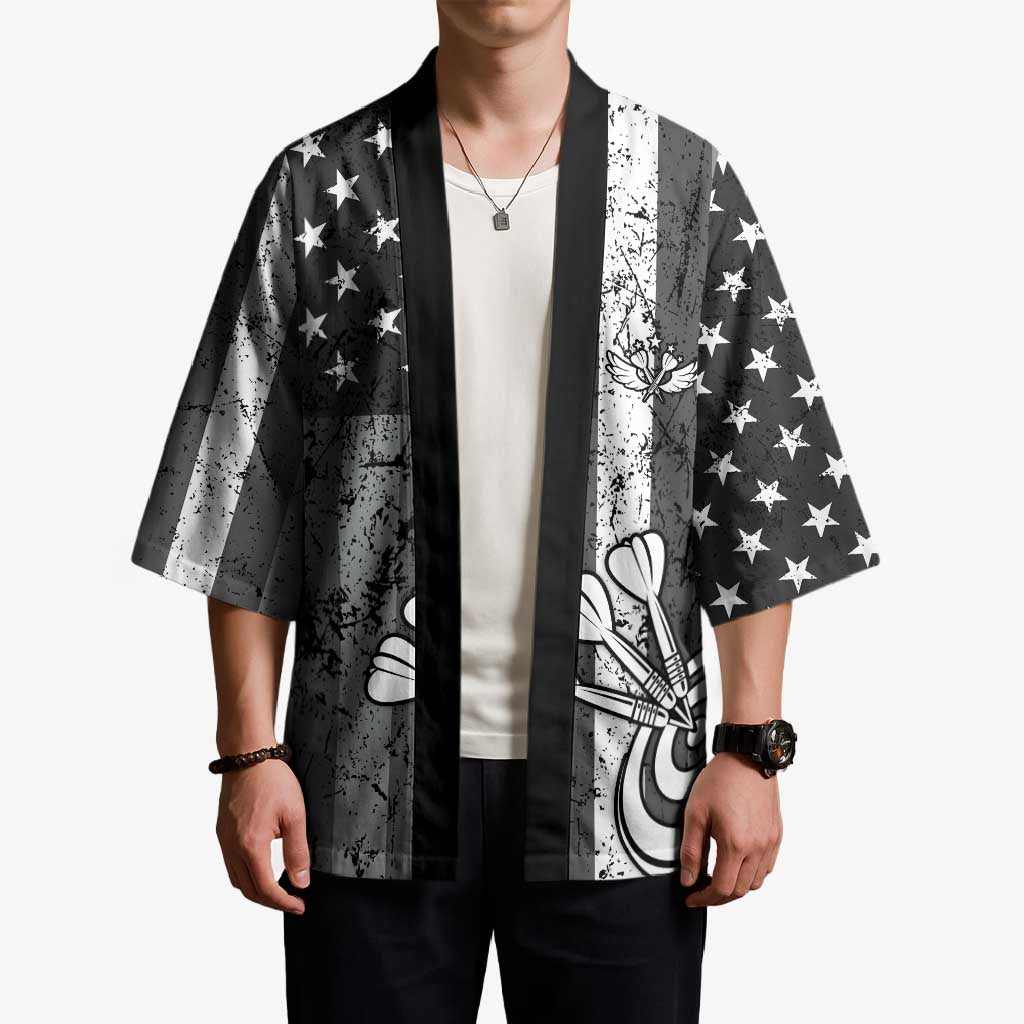 Grunge American Flag Darts Kimono with Dartboard Target and Black White Stars - Wonder Print Shop