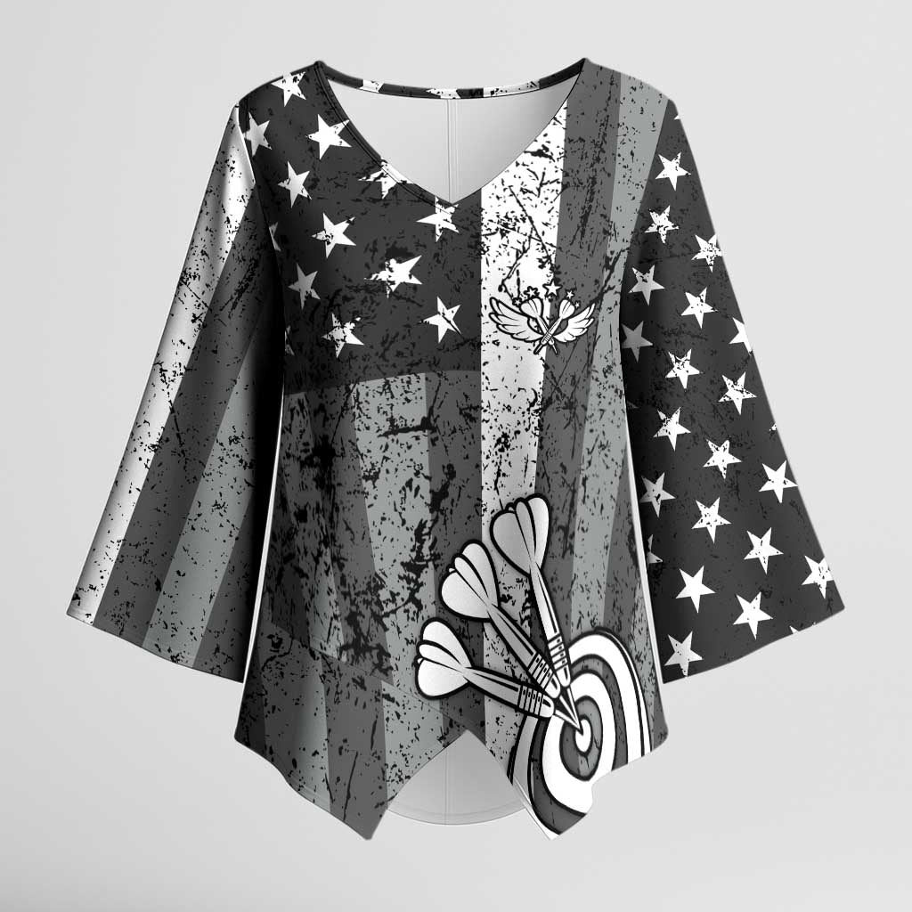 Grunge American Flag Darts Kimono Sleeve Blouse with Dartboard Target and Black White Stars - Wonder Print Shop