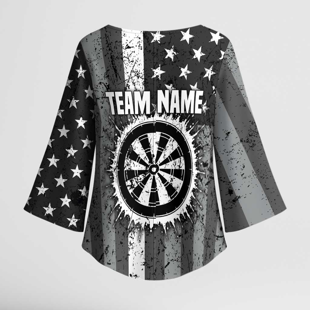 Grunge American Flag Darts Kimono Sleeve Blouse with Dartboard Target and Black White Stars - Wonder Print Shop
