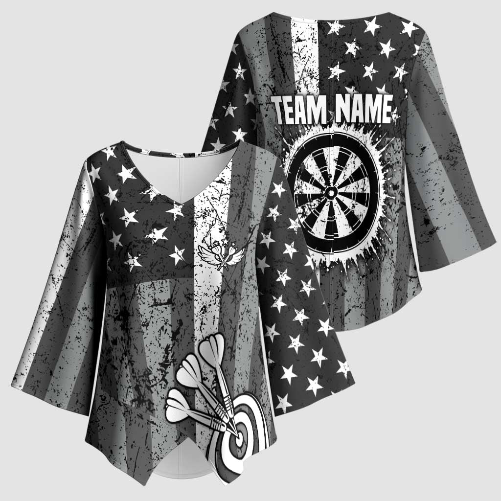 Grunge American Flag Darts Kimono Sleeve Blouse with Dartboard Target and Black White Stars - Wonder Print Shop