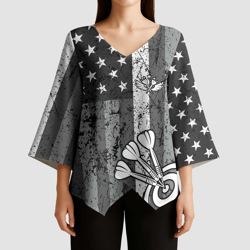 Grunge American Flag Darts Kimono Sleeve Blouse with Dartboard Target and Black White Stars - Wonder Print Shop
