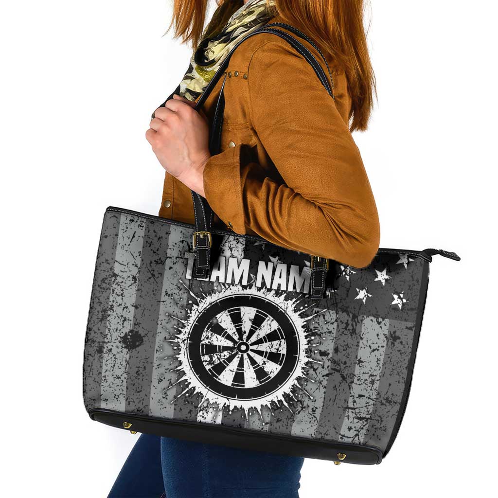 Grunge American Flag Darts Leather Tote Bag with Dartboard Target and Black White Stars - Wonder Print Shop