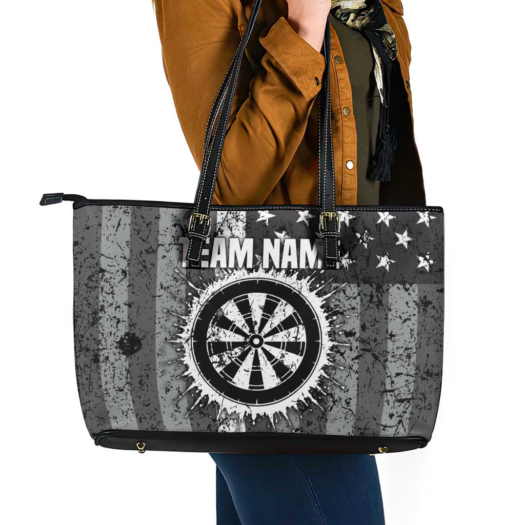 Grunge American Flag Darts Leather Tote Bag with Dartboard Target and Black White Stars - Wonder Print Shop