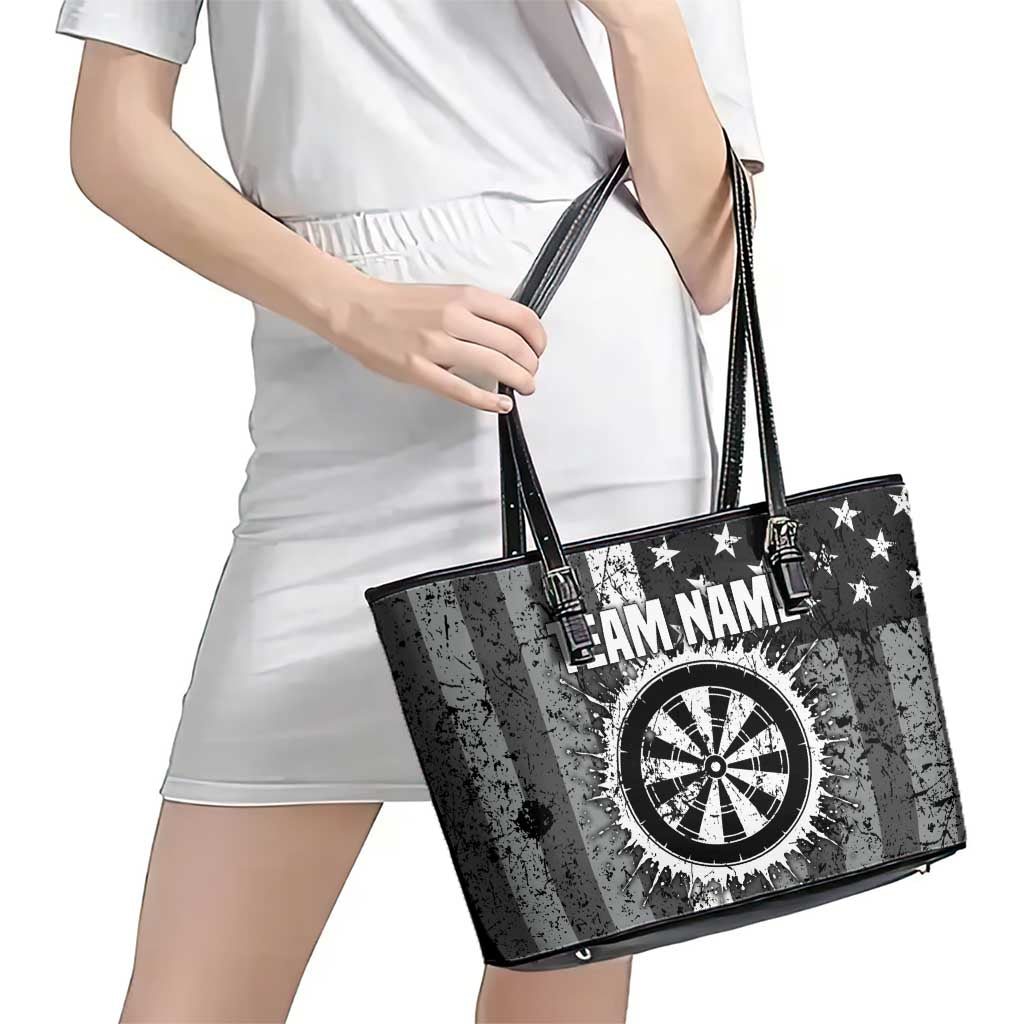 Grunge American Flag Darts Leather Tote Bag with Dartboard Target and Black White Stars - Wonder Print Shop