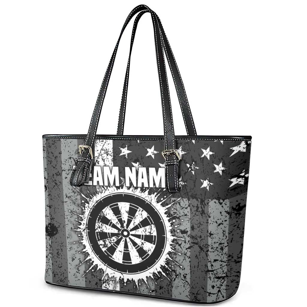 Grunge American Flag Darts Leather Tote Bag with Dartboard Target and Black White Stars - Wonder Print Shop