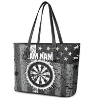 Grunge American Flag Darts Leather Tote Bag with Dartboard Target and Black White Stars - Wonder Print Shop