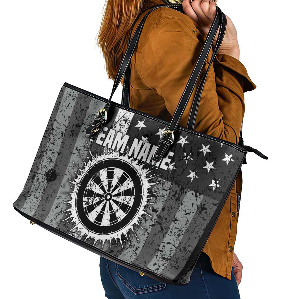 Grunge American Flag Darts Leather Tote Bag with Dartboard Target and Black White Stars - Wonder Print Shop