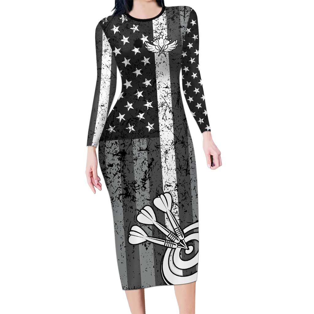 Grunge American Flag Darts Long Sleeve Bodycon Dress with Dartboard Target and Black White Stars - Wonder Print Shop