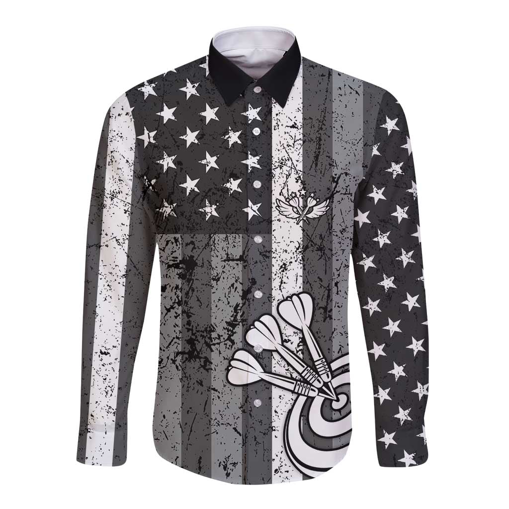 Grunge American Flag Darts Long Sleeve Button Shirt with Dartboard Target and Black White Stars - Wonder Print Shop