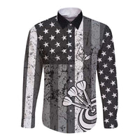 Grunge American Flag Darts Long Sleeve Button Shirt with Dartboard Target and Black White Stars - Wonder Print Shop