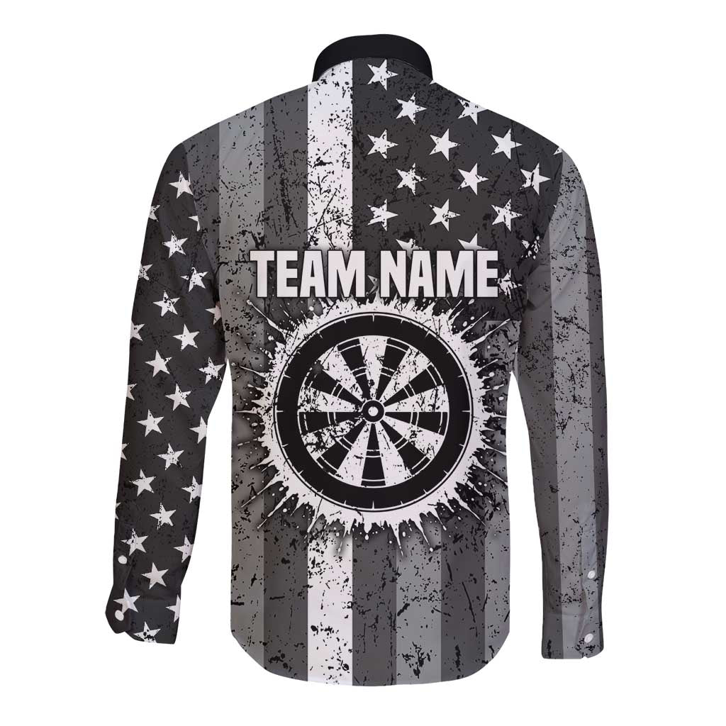 Grunge American Flag Darts Long Sleeve Button Shirt with Dartboard Target and Black White Stars - Wonder Print Shop