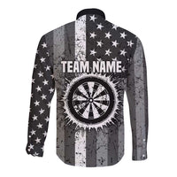 Grunge American Flag Darts Long Sleeve Button Shirt with Dartboard Target and Black White Stars - Wonder Print Shop