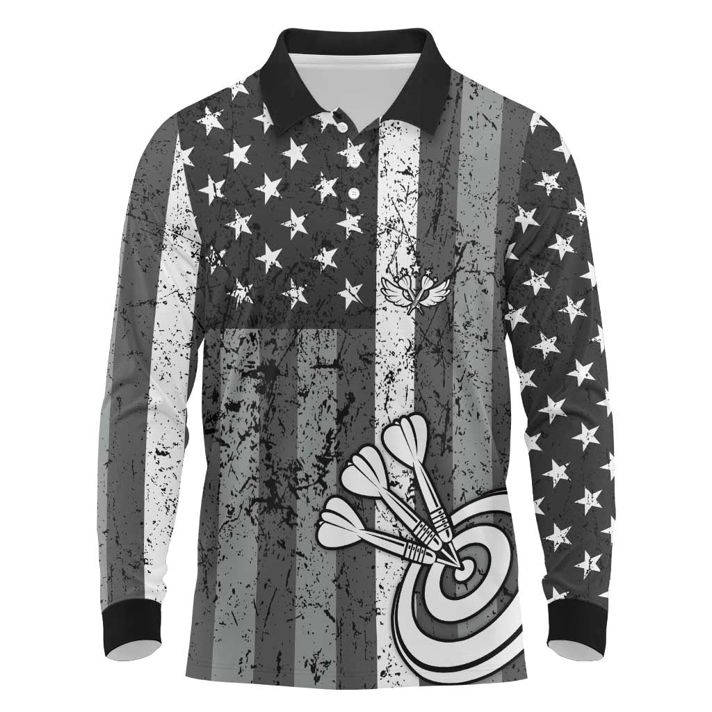 Grunge American Flag Darts Long Sleeve Polo Shirt with Dartboard Target and Black White Stars - Wonder Print Shop