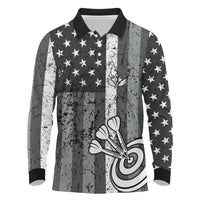 Grunge American Flag Darts Long Sleeve Polo Shirt with Dartboard Target and Black White Stars - Wonder Print Shop