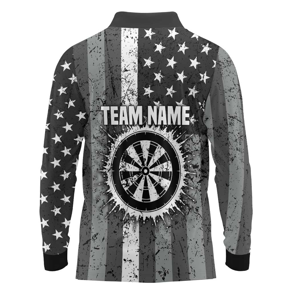 Grunge American Flag Darts Long Sleeve Polo Shirt with Dartboard Target and Black White Stars - Wonder Print Shop