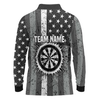 Grunge American Flag Darts Long Sleeve Polo Shirt with Dartboard Target and Black White Stars - Wonder Print Shop