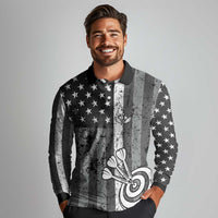 Grunge American Flag Darts Long Sleeve Polo Shirt with Dartboard Target and Black White Stars - Wonder Print Shop