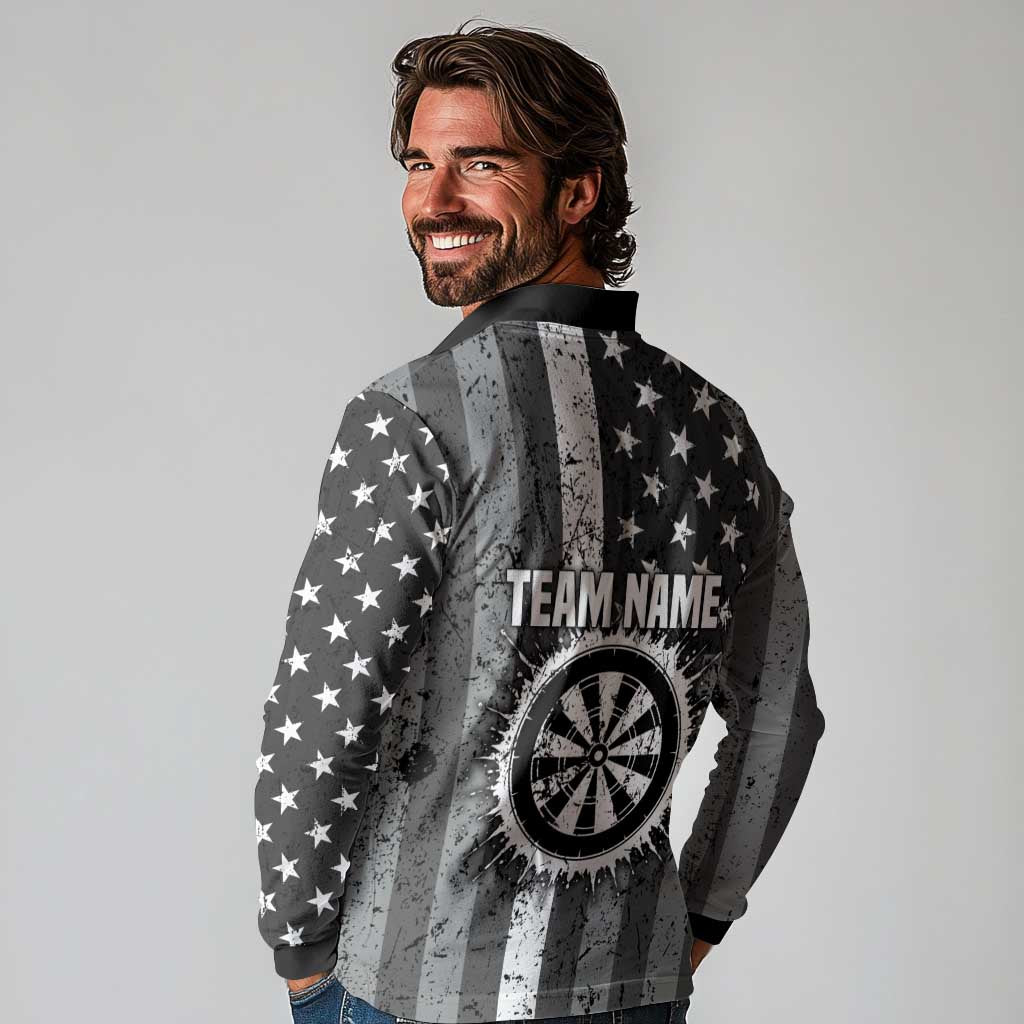 Grunge American Flag Darts Long Sleeve Polo Shirt with Dartboard Target and Black White Stars - Wonder Print Shop
