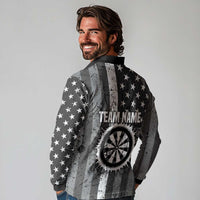 Grunge American Flag Darts Long Sleeve Polo Shirt with Dartboard Target and Black White Stars - Wonder Print Shop