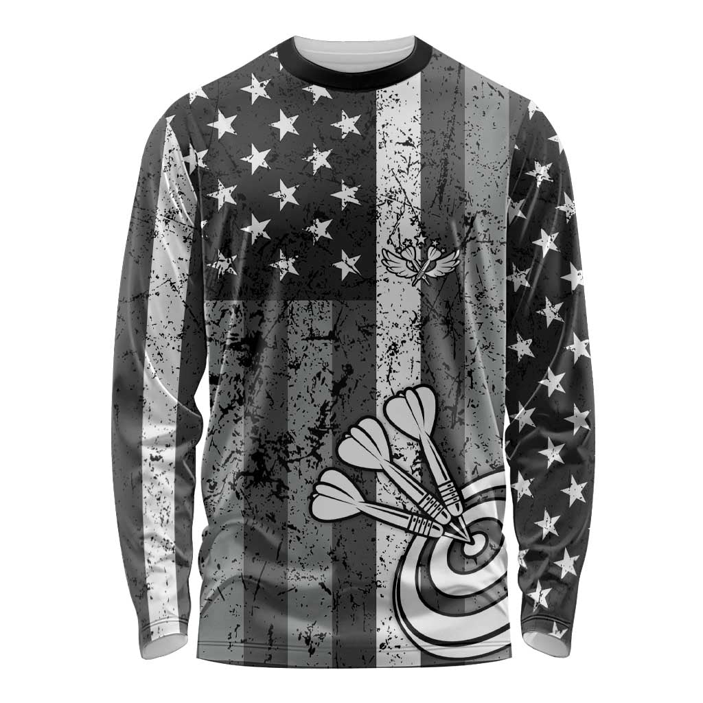 Grunge American Flag Darts Long Sleeve Shirt with Dartboard Target and Black White Stars - Wonder Print Shop