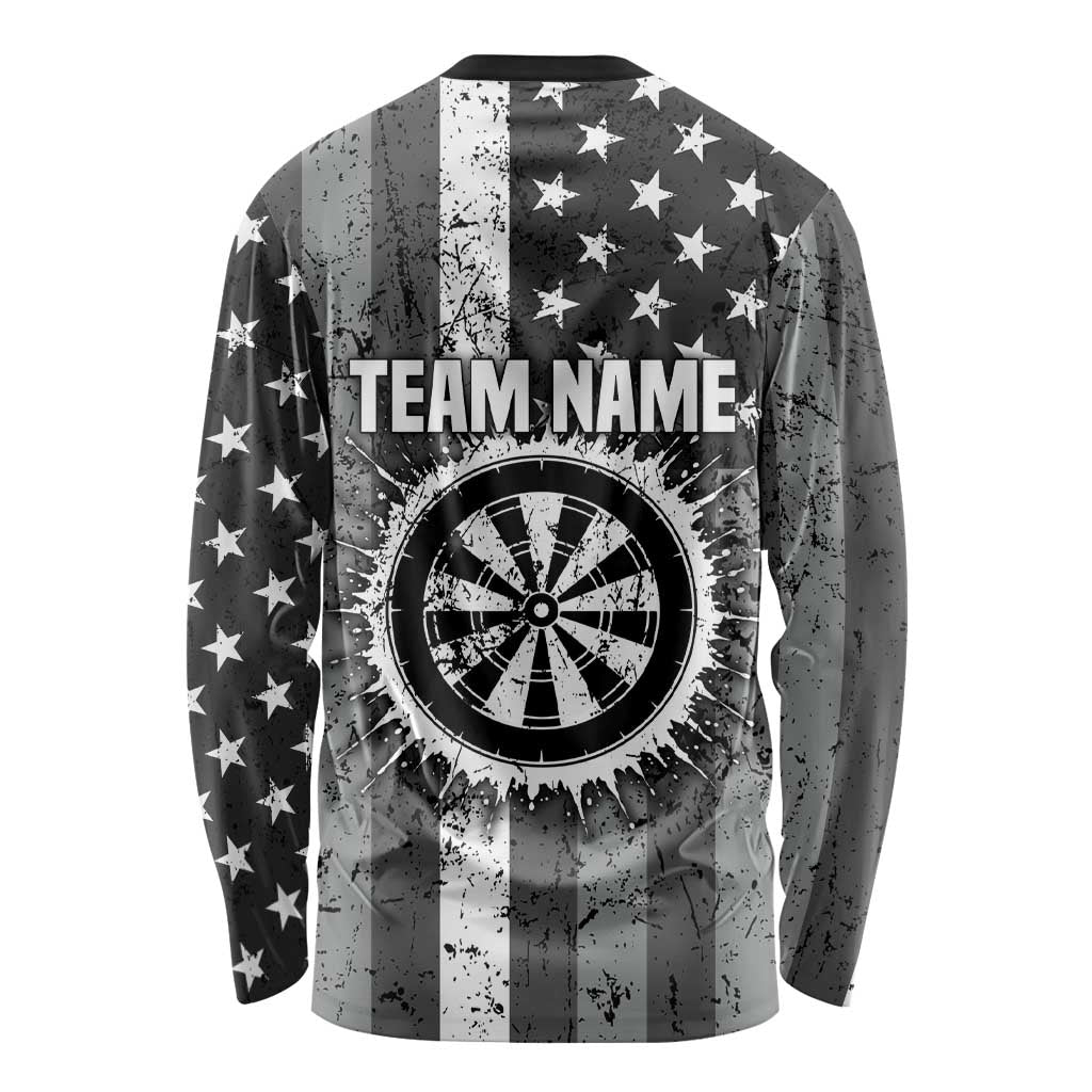 Grunge American Flag Darts Long Sleeve Shirt with Dartboard Target and Black White Stars - Wonder Print Shop