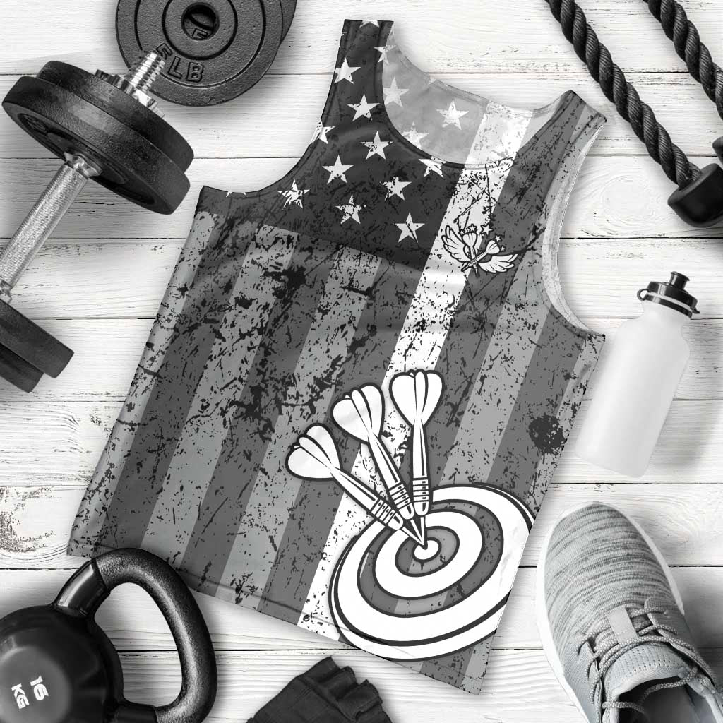 Grunge American Flag Darts Men Tank Top with Dartboard Target and Black White Stars - Wonder Print Shop
