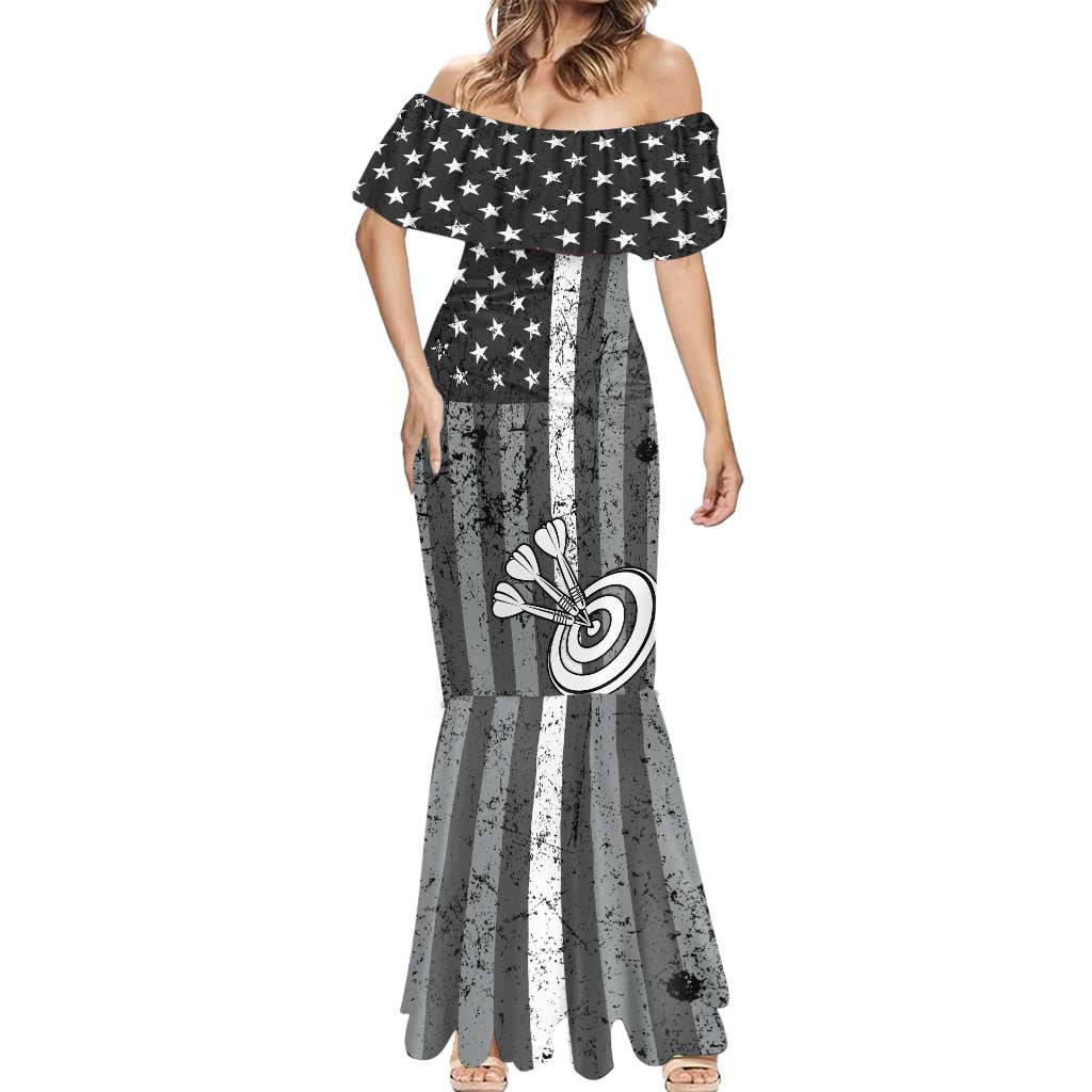 Grunge American Flag Darts Mermaid Dress with Dartboard Target and Black White Stars - Wonder Print Shop