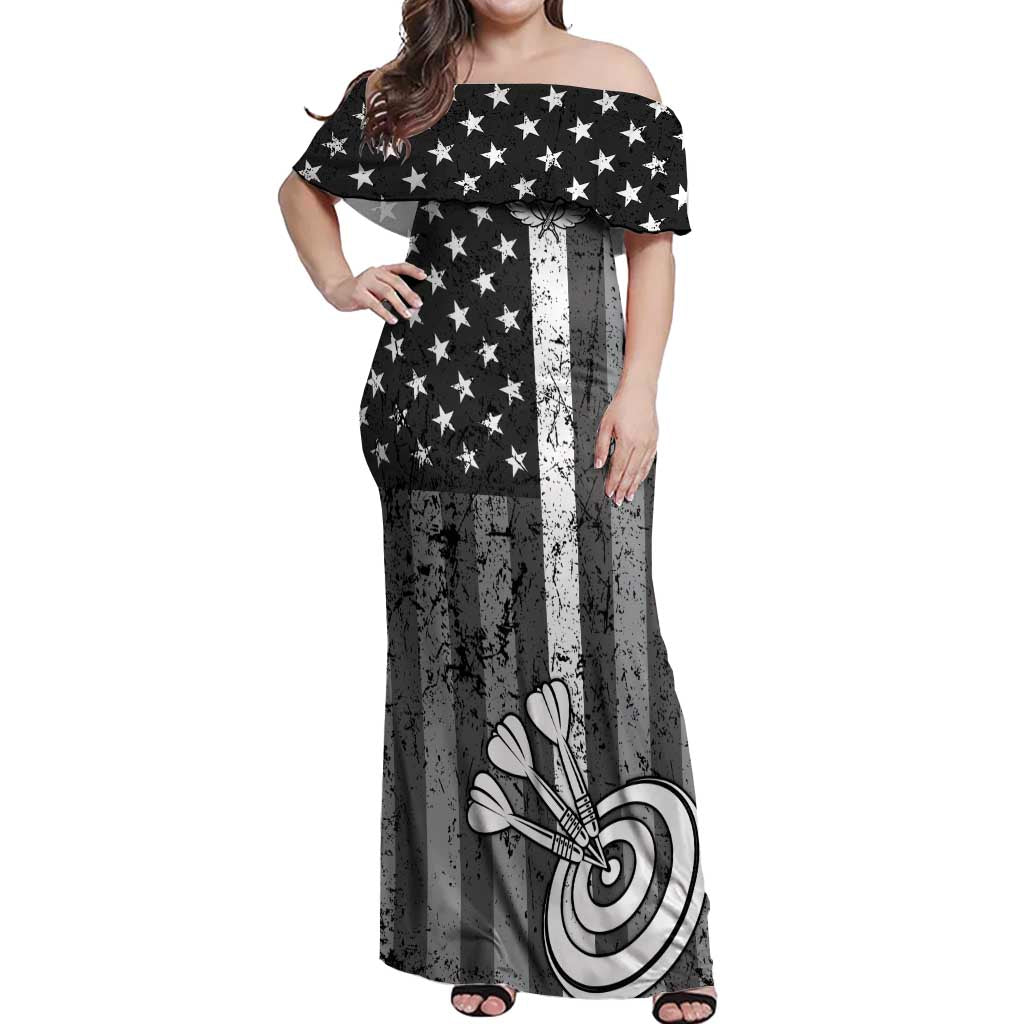 Grunge American Flag Darts Off Shoulder Maxi Dress with Dartboard Target and Black White Stars - Wonder Print Shop