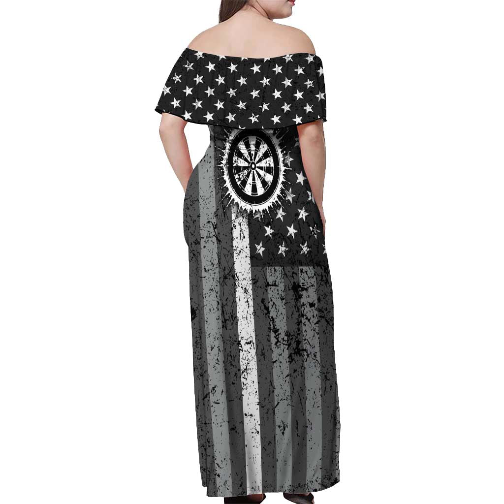 Grunge American Flag Darts Off Shoulder Maxi Dress with Dartboard Target and Black White Stars - Wonder Print Shop