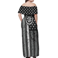 Grunge American Flag Darts Off Shoulder Maxi Dress with Dartboard Target and Black White Stars - Wonder Print Shop