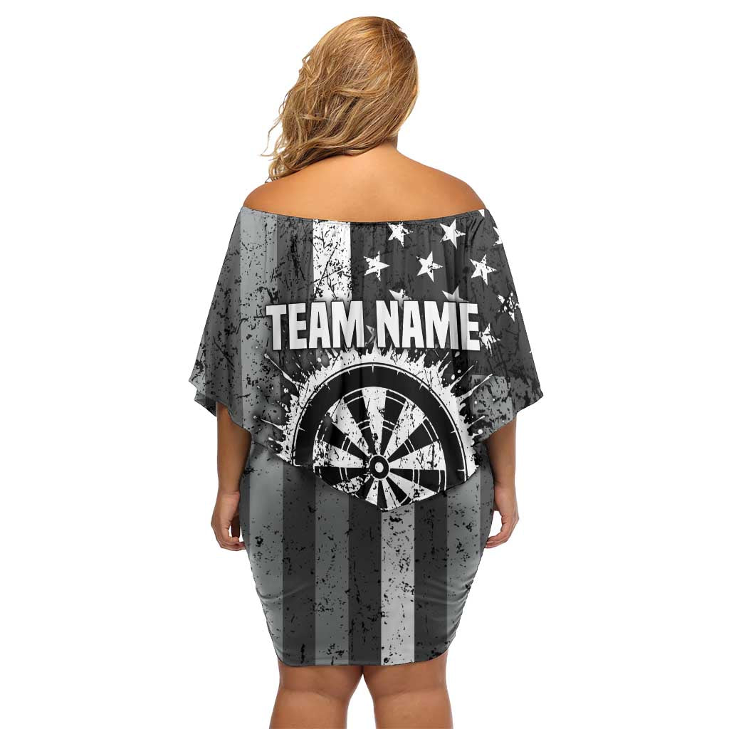 Grunge American Flag Darts Off Shoulder Short Dress with Dartboard Target and Black White Stars - Wonder Print Shop