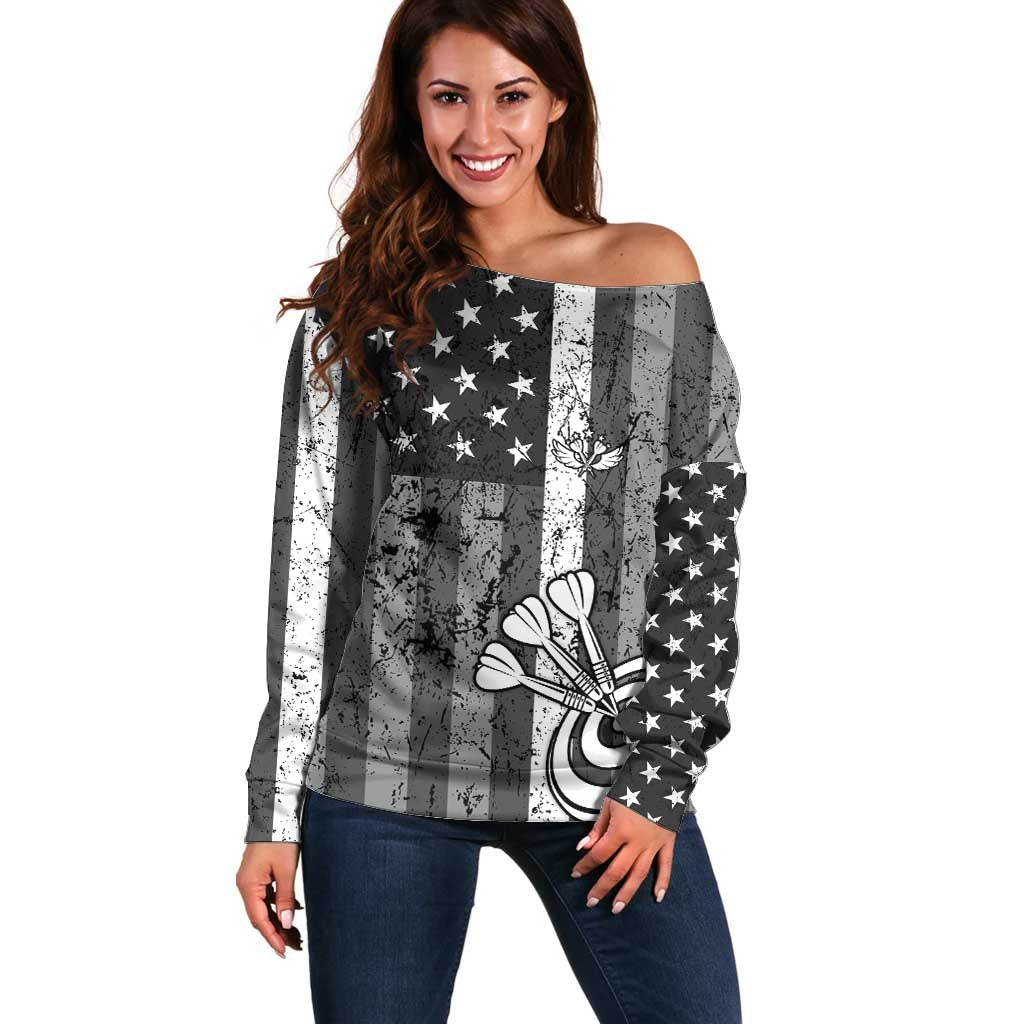 Grunge American Flag Darts Off Shoulder Sweater with Dartboard Target and Black White Stars - Wonder Print Shop