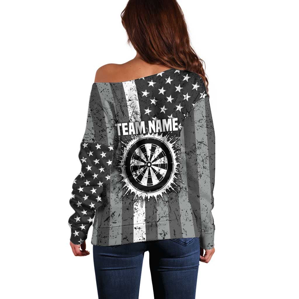 Grunge American Flag Darts Off Shoulder Sweater with Dartboard Target and Black White Stars - Wonder Print Shop