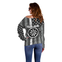 Grunge American Flag Darts Off Shoulder Sweater with Dartboard Target and Black White Stars - Wonder Print Shop