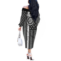 Grunge American Flag Darts Off The Shoulder Long Sleeve Dress with Dartboard Target and Black White Stars - Wonder Print Shop